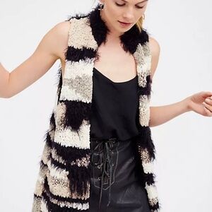 Free People Picture Perfect Vest Fuzzy Boho Black Ivory Combo S
